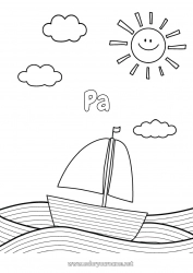 Kleurplaat voor kinderen Zomer Zee Voertuigen Boot Zeilschip Eenvoudige kleurplaten Intermediaire kleurplaten Maritieme voertuigen Golven