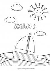 Página de desenho infantil Verão Mar Veículos Barco Veleiro Desenhos para colorir fáceis Colorações Intermediárias Veículos marítimos Ondas