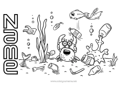 Free colouring Sea Ecology Fish Crab Marine or aquatic animals Earth Day
