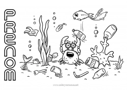 Coloriage gratuit Mer écologie Poisson Crabe Animaux marins ou aquatique Jour de la Terre