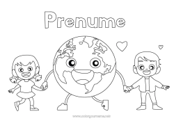 Pagină de colorat personalizată Fată Băiat Ecologie Copil Colorează intermediare Pământ Ziua Pământului