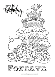 Gratis farvelægning Kage Fødselsdag Kawaii Donuts Komplekse farvelægninger Tillykke med fødselsdagen!