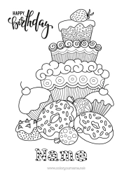 Free colouring Cake Birthday Cute Doughnuts Complex colouring pages Happy birthday message