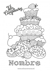 Colorear gratis Tarta Cumpleaños Kawaii Donuts Dibujos complejos para colorear Mensaje de feliz cumpleaños (inglés)