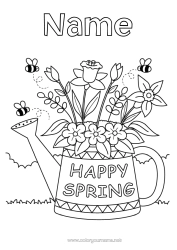 Free colouring Flowers Spring Bee Insects Watering can