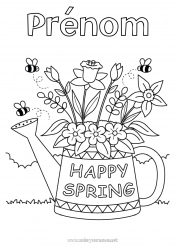 Coloriage gratuit Fleurs Printemps Abeille Insectes Arrosoir