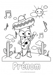 Coloriage gratuit Musique Cactus Mexique Cinco de Mayo Fête de la musique Guitare Instruments de musique Musicien Métiers de l'art Sombrero