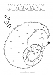 Coloriage enfant Mignon Hérisson Maman Bonne fête Je t'aime Animal Animaux de la forêt Bébé animal