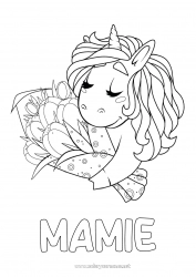 Coloriage enfant Fleurs Bonne fête Licorne Animal Dragons, licornes et animaux fantastiques