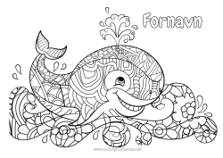 Gratis farvelægning Mandala Hval Dyr Mellemliggende farvelægninger Havdyr eller vandlevende dyr