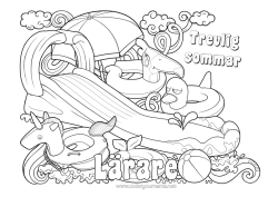 Gratis färgläggning Enhörning Sommar Leksaker Drakar, enhörningar och fantastiska djur Parasoll Boj Spel och leksaker Pool Utomhusspel Rutschkana