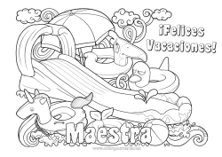 Niño página para colorear Unicornio Verano Juguetes Dragones, unicornios y animales fantásticos Parasol, sombrilla de playa Boya Juegos y juguetes Piscina Juegos al aire libre Tobogán