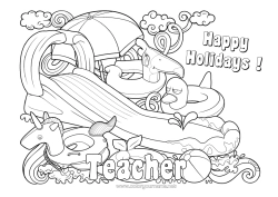 Child coloring page Unicorn Summer Toys Dragons, unicorns and fantastic animals Parasol, Beach umbrella Buoy Games and toys Pool Outdoor games Slide