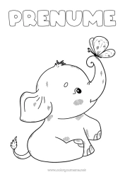 Pagină de colorat gratuită Drăguț Elefant Fluture Animal Insecte Animale sălbatice din Africa