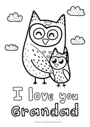 Free colouring Dad Mum Grandma Grandad Happy birthday I love you. Owl, Tawny owl Animal Birds and flying mammals