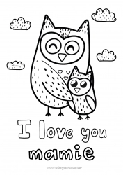 Coloriage enfant Papa Maman Mamie Papi Bonne fête Je t'aime Chouette, Hibou Animal Oiseaux et mammifères volants