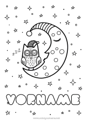 Kostenlose Malvorlage Eule, Uhu Tier Weltraum Sterne Mond Vögel und fliegende Säugetiere
