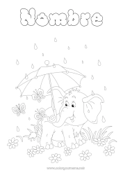 Colorear gratis Elefante Verano Mariposa Animales Paraguas Insectos Lluvia Animales salvajes de África