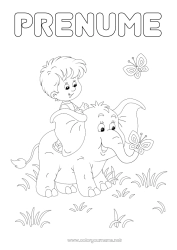 Pagină de colorat gratuită Elefant Băiat Fluture Copil Animal Insecte Animale sălbatice din Africa