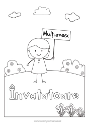 Pagină de colorat pentru copii Fată Învățătoare/Învățător Bunica Desene de colorat ușoare Mulțumesc Meserii în educație Plăcuță