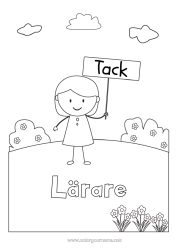 Gratis färgläggning Flicka Lärare Barnvakt Lätta målarbilder Tack Utbildningsyrken Skylt