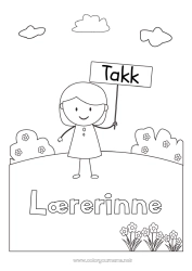 Fargeleggingssiden for barn Jente Lærer/Lærerinne Barnevakt Enkle fargelegginger Takk Utdanningsyrker Skilt
