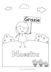 Colorazione gratuita Ragazza Insegnante Tata Disegni da colorare facili Grazie Mestieri dell'educazione Cartello