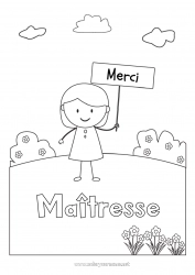 Coloriage enfant Fille Maîtresse/Maître Nounou Coloriages faciles Merci Métiers de l'éducation Pancarte