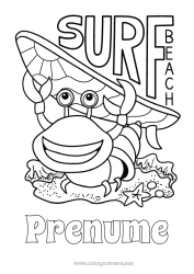 Pagină de colorat personalizată Sport Vara Animal Crab Surf Animale marine sau acvatice Sporturi nautice