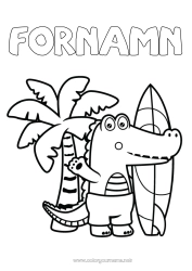 Gratis färgläggning Sport Krokodil Sommar Strand Djur Palmträd Mellannivå färgläggningar Surfing Reptiler Vattensporter