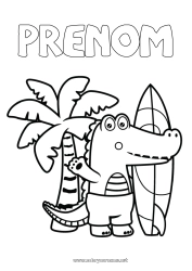 Coloriage à personnaliser Sport Crocodile Été Plage Animal Palmier Coloriages intermédiaires Surf Reptiles Sports nautiques