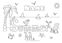 Free colouring Summer Beach Palm tree Shellfish Marine or aquatic animals Birds and flying mammals Sandcastle Cocktail Seagull