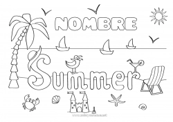 Colorear para personalizar Verano Playa Palmera Conchas marinas Animales marinos o acuáticos Aves y mamíferos voladores Castillo de arena Cócteles Gaviota