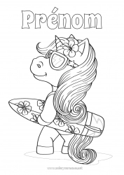 Coloriage gratuit Licorne Mer Animal Coloriages intermédiaires Surf Dragons, licornes et animaux fantastiques Hibiscus Sports nautiques