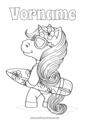 Kostenlose Zeichnung Sport Einhorn Meer Tier Mittelstufenmalvorlagen Surfen Drachen, Einhörner und fantastische Tiere Hibiskus Wassersport Sonnenbrille