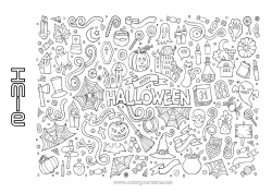 Kolorowanka do personalizacji Miotła Przebranie Duch Dynia Szkielet Czarodziejski kocioł Napis 'halloween'