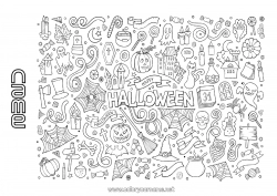 Free coloring Broomstick Fancy dress Ghost Pumpkin Skeleton Magic pot Inscription 