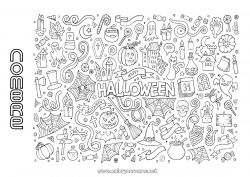 Colorear gratis Escoba Disfraz Fantasma Calabaza Esqueleto Caldero mágico Inscripción 