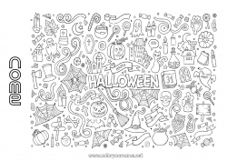 Disegno gratuito Scopa Costume Fantasma Zucca Scheletro Calderone magico Iscrizione 