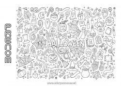 Coloriage gratuit Balai Déguisement Fantôme Citrouille Squelette Chaudron magique Inscription "halloween"