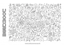 Gratis tekening Bezem Vermomming Spook Pompoen Skelet Toverketel Inscriptie 'halloween'