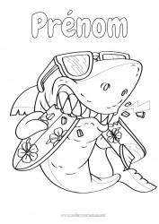 Coloriage gratuit Sport Animal Coloriages intermédiaires Requin Surf Animaux marins ou aquatique De mauvaise humeur Hibiscus Sports nautiques