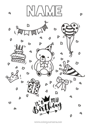 Free colouring Bear Cake Gifts Birthday Balloons Animal Intermediate colouring sheets Happy birthday message Forest animals