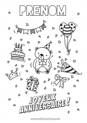 Coloriage gratuit Ours Gâteau Cadeaux Anniversaire Ballons Animal Coloriages intermédiaires Joyeux anniversaire (français) Message Animaux de la forêt