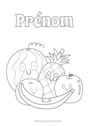 Coloriage à personnaliser Kawaii Nourriture Ananas Fruits Pastèque Banane