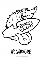 Free coloring Sport Crocodile Summer Animal Easy coloring pages Surf Reptiles Nautical sports