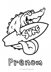 Coloriage gratuit Sport Crocodile Été Animal Coloriages faciles Surf Reptiles Sports nautiques