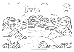 Kolorowanka do personalizacji Wiosna Słońce Doodle Kolorowanki pośrednie Krajobraz naturalny