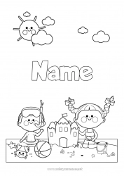 Coloring to customize Balloons Girl Boy Summer Sun Beach Child Crab Intermediate coloring pages Marine or aquatic animals Sandcastle Diving Nautical sports