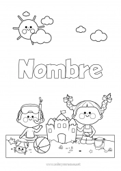 Dibujo libre Globos Chica Chico Verano Sol Playa Niño Cangrejo Dibujos intermedios para colorear Animales marinos o acuáticos Castillo de arena Buceo, zambullida Bañador Deportes náuticos